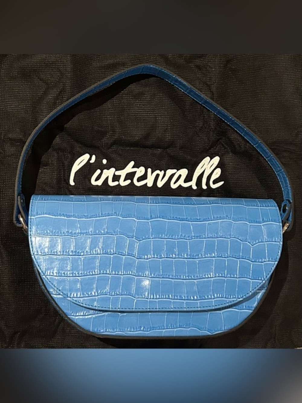NWT L'INTERVALLE NORMA Patent Leather Light Blue Croc-Embossed Half-Moon Handbag